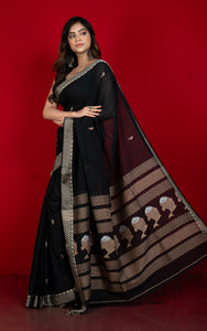 Premium Quality Double Warp Soft Pure Cotton Bomkai Saree in Black, Dutch White and Off White