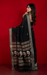 Premium Quality Double Warp Soft Pure Cotton Bomkai Saree in Black, Dutch White and Off White