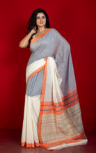 Tussar Gicha Pallu Work Poth Border Soft Cotton Saree in Regent Grey, Off White and Orange