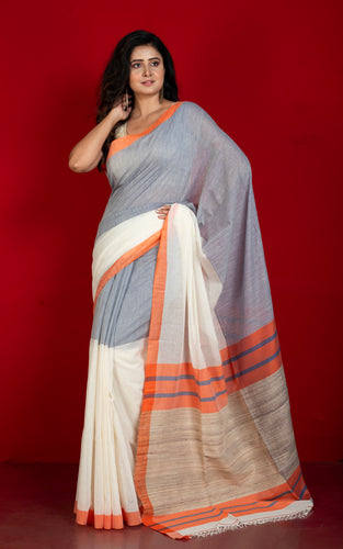 Tussar Gicha Pallu Work Poth Border Soft Cotton Saree in Regent Grey, Off White and Orange