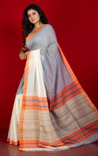 Tussar Gicha Pallu Work Poth Border Soft Cotton Saree in Regent Grey, Off White and Orange