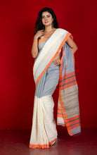 Tussar Gicha Pallu Work Poth Border Soft Cotton Saree in Regent Grey, Off White and Orange