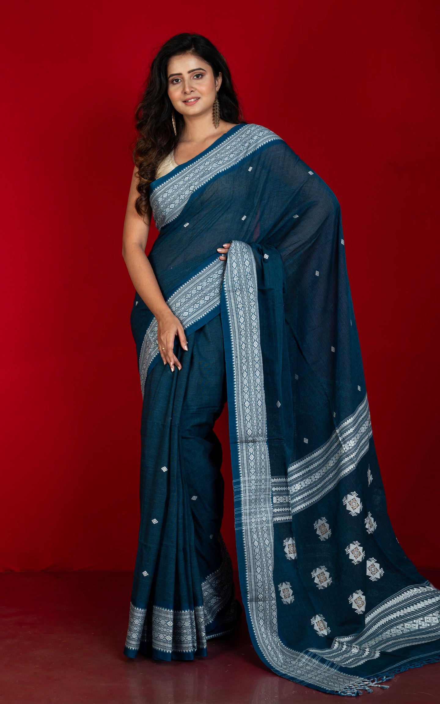 Premium Quality Double Warp Soft Pure Cotton Bomkai Saree in Regal Blue, Off White and Beige