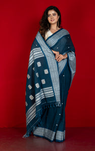 Premium Quality Double Warp Soft Pure Cotton Bomkai Saree in Regal Blue, Off White and Beige