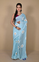 Floral Printed Soft Khadi Cotton Saree in Jeans Blue, Off White and Matte Orange