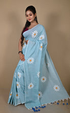 Floral Printed Soft Khadi Cotton Saree in Jeans Blue, Off White and Matte Orange