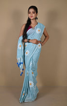 Floral Printed Soft Khadi Cotton Saree in Jeans Blue, Off White and Matte Orange