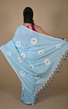 Floral Printed Soft Khadi Cotton Saree in Jeans Blue, Off White and Matte Orange