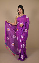 Floral Printed Soft Khadi Cotton Saree in Warm Purple, Off White and Matte Orange
