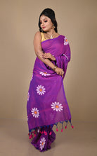 Floral Printed Soft Khadi Cotton Saree in Warm Purple, Off White and Matte Orange