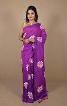 Floral Printed Soft Khadi Cotton Saree in Warm Purple, Off White and Matte Orange