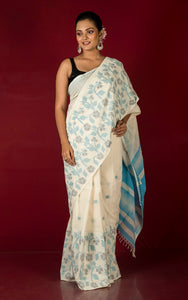 Woven Jamdani Work Skirt Border Soft Cotton Saree in Off White, Baby Blue and Black