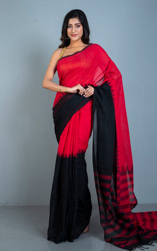 Half and Half Designer Soft Cotton Khaddar Saree in Red and Black