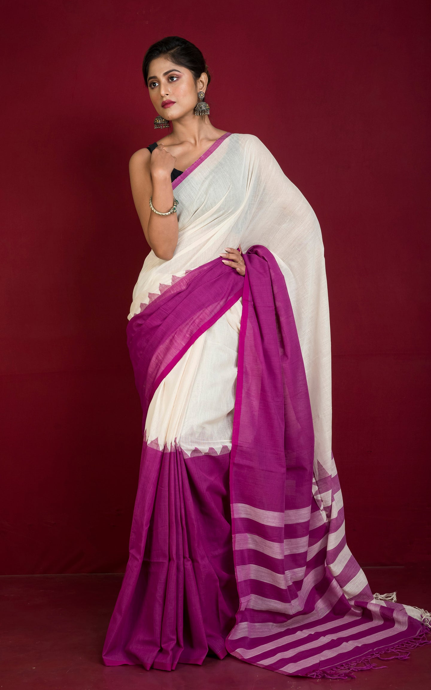Half and Half Designer Soft Cotton Khaddar Saree in Off White and Purple