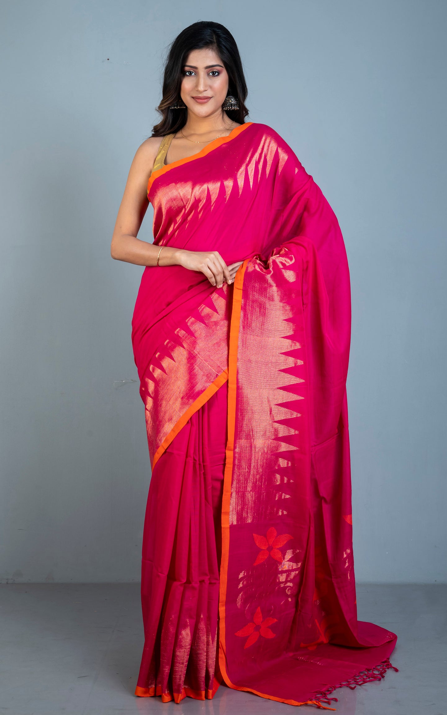 Premium Quality Double Warp Soft Cotton Kanjivaram Saree in Hot Pink, Red Orange and Muted Gold Zari Work