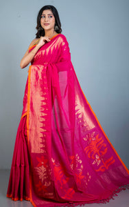 Premium Quality Double Warp Soft Cotton Kanjivaram Saree in Hot Pink, Red Orange and Muted Gold Zari Work