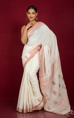Authentic Bengal Cotton Kanchipuram Saree in Off White and Muted Copper Zari Work