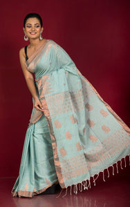 Authentic Bengal Cotton Kanchipuram Saree in Frozen Blue and Muted Copper Zari Work