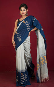 Premium Quality Double Warp Khaddar Kadiyal Skirt Border Jamdani Saree in Light Gray and Midnight Blue