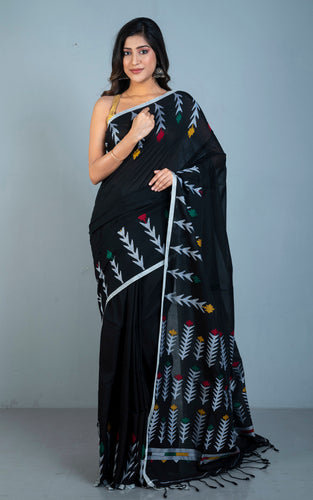 Premium Quality Double Warp Soft Cotton Handwoven Jamdani Saree in Black, Silver White and Multicolored