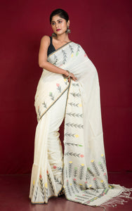 Premium Quality Double Warp Soft Cotton Handwoven Jamdani Saree in Off white, Black and Multicolored