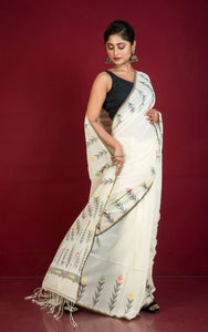 Premium Quality Double Warp Soft Cotton Handwoven Jamdani Saree in Off white, Black and Multicolored