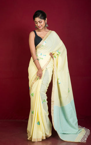 Premium Quality Double Warp Soft Cotton Fish Jamdani Saree in Pastel Yellow, Blue, Off White, Green and Water Gold