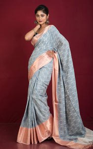 Woven Nakshi Tanchui Work Pure Cotton Brocade Saree in Off White, Oil Black and Apricot Blush