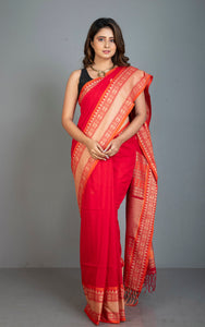 Nakshi Skirt Border Work Soft Cotton Bomkai Saree in Red, Orange and Pale Gold