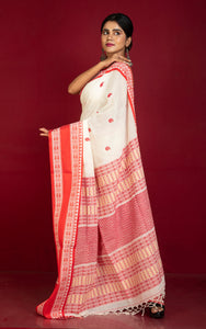 Nakshi Skirt Border Work Soft Cotton Bomkai Saree in Off White, Red and Beige
