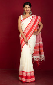 Nakshi Skirt Border Work Soft Cotton Bomkai Saree in Off White, Red and Beige