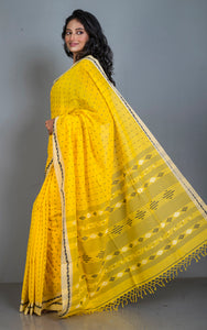 Woven Nakshi Work Authentic Khaddar Cotton Jamdani Saree in Bright Yellow, Beige and Black