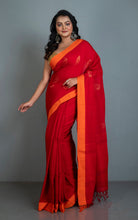 Handwoven Poth Soft Cotton Saree in Crimson Red, Gold and Orange