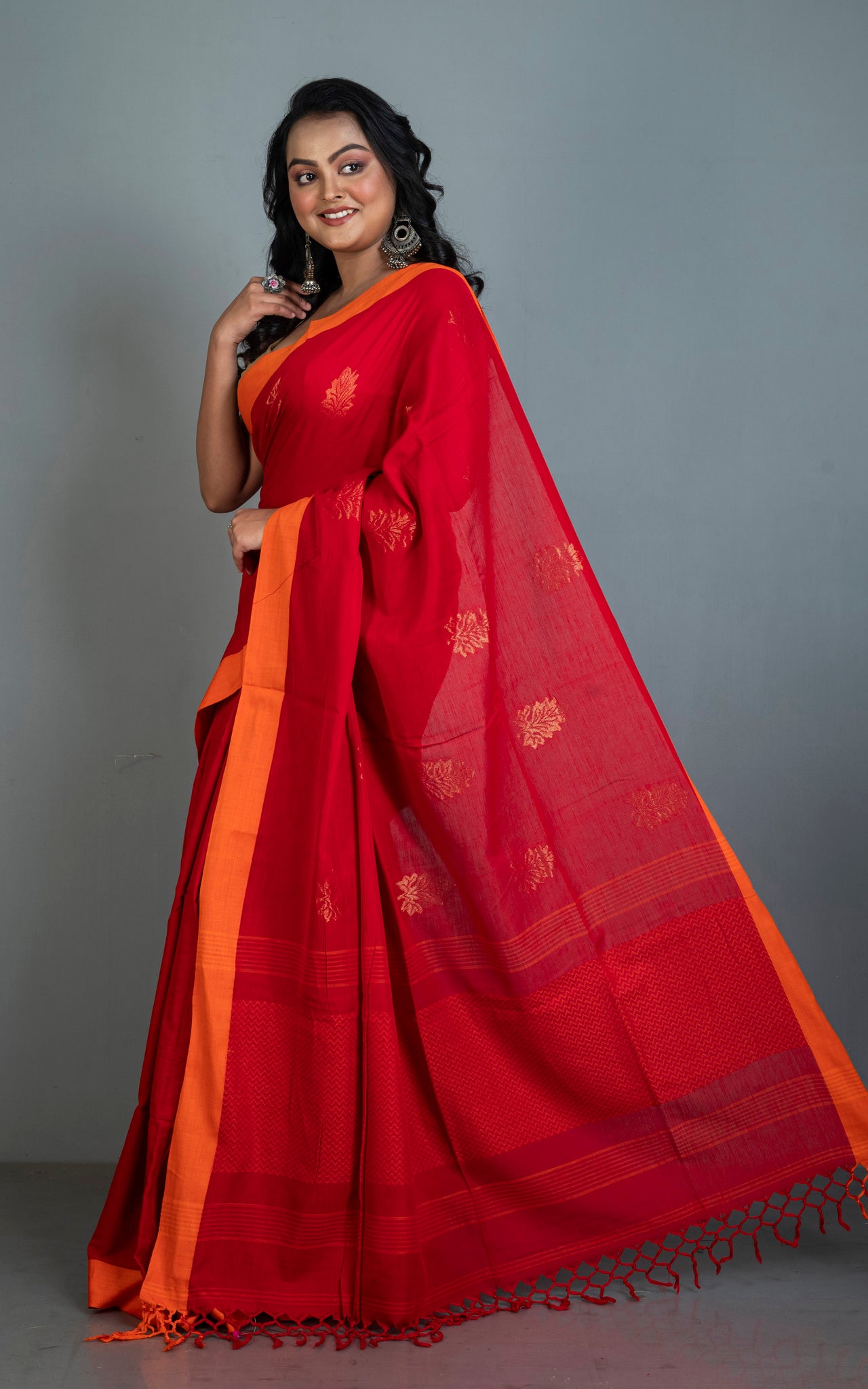 poth saree Handwoven Poth Soft Cotton Saree in Crimson Red, Gold and Orange – Bengal Looms India