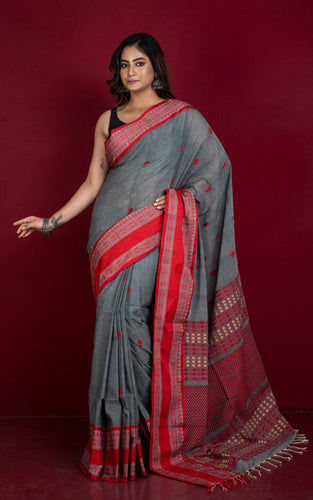 Nakshi Skirt Border Work Soft Cotton Bomkai Saree in Gray, Red and Beige