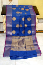 Handwoven Seiko Cotton Banarasi Saree in Catalina Blue, Grape Purple and Antique Golden