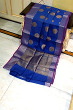 Handwoven Seiko Cotton Banarasi Saree in Catalina Blue, Grape Purple and Antique Golden