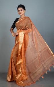 Soft Pure Crushed Tissue Katan Banarasi Silk Saree in Burnt Orange and Antique Golden