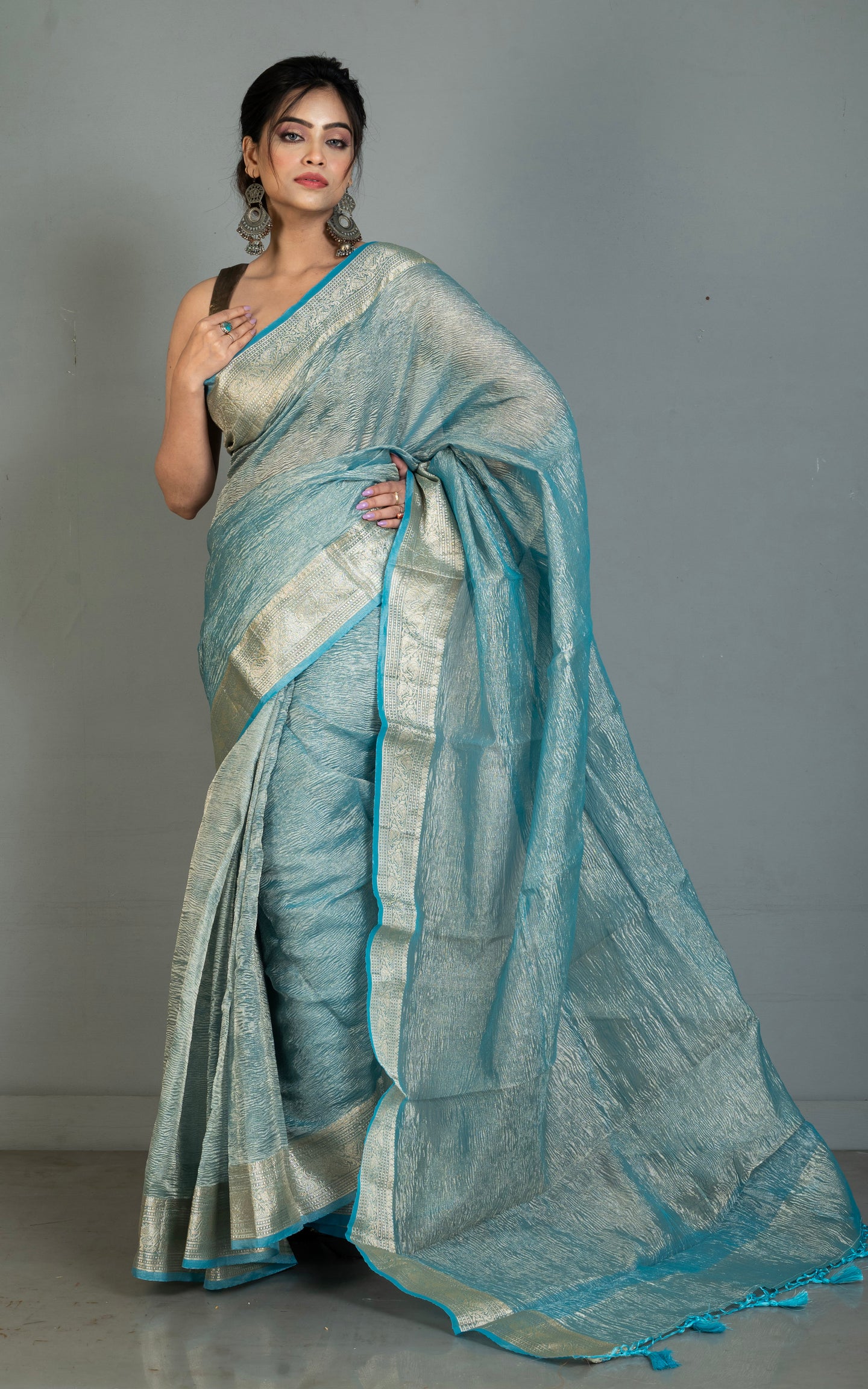Soft Crushed Tissue Katan Banarasi Silk Saree in Ocean Blue and Antique Golden