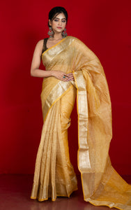 Soft Crushed Tissue Katan Banarasi Silk Saree in Yellow and Antique Golden