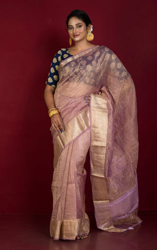 Soft Pure Crushed Tissue Katan Banarasi Silk Saree in Mauve and Antique Golden