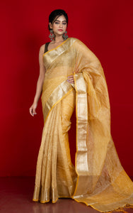 Soft Crushed Tissue Katan Banarasi Silk Saree in Yellow and Antique Golden
