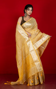 Soft Crushed Tissue Katan Banarasi Silk Saree in Yellow and Antique Golden