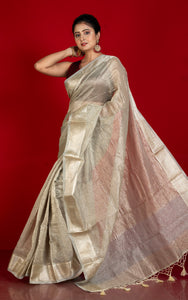 Soft Crushed Tissue Katan Banarasi Silk Saree in Olive Grey and Antique Golden