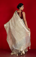 Soft Crushed Tissue Katan Banarasi Silk Saree in Olive Grey and Antique Golden