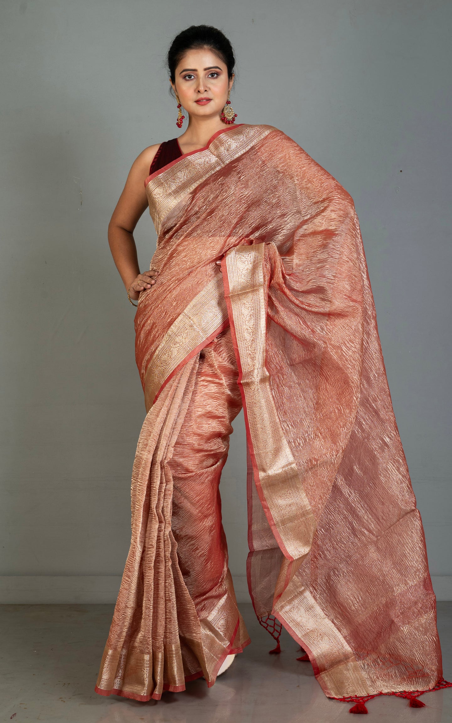 Soft Crushed Tissue Katan Banarasi Silk Saree in Burnt Umber and Antique Golden