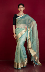 Soft Pure Crushed Tissue Katan Banarasi Silk Saree in Medium Turquoise and Antique Golden