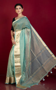 Soft Pure Crushed Tissue Katan Banarasi Silk Saree in Medium Turquoise and Antique Golden