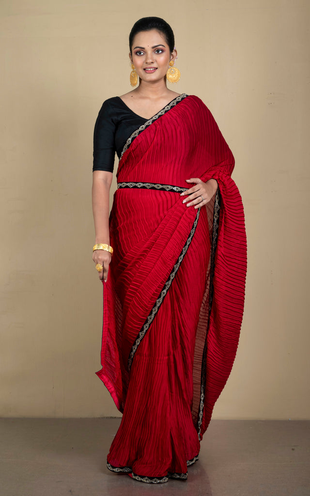 Designer Italian Crepe Silk Ruffle Saree in Cherry Red and Black ...