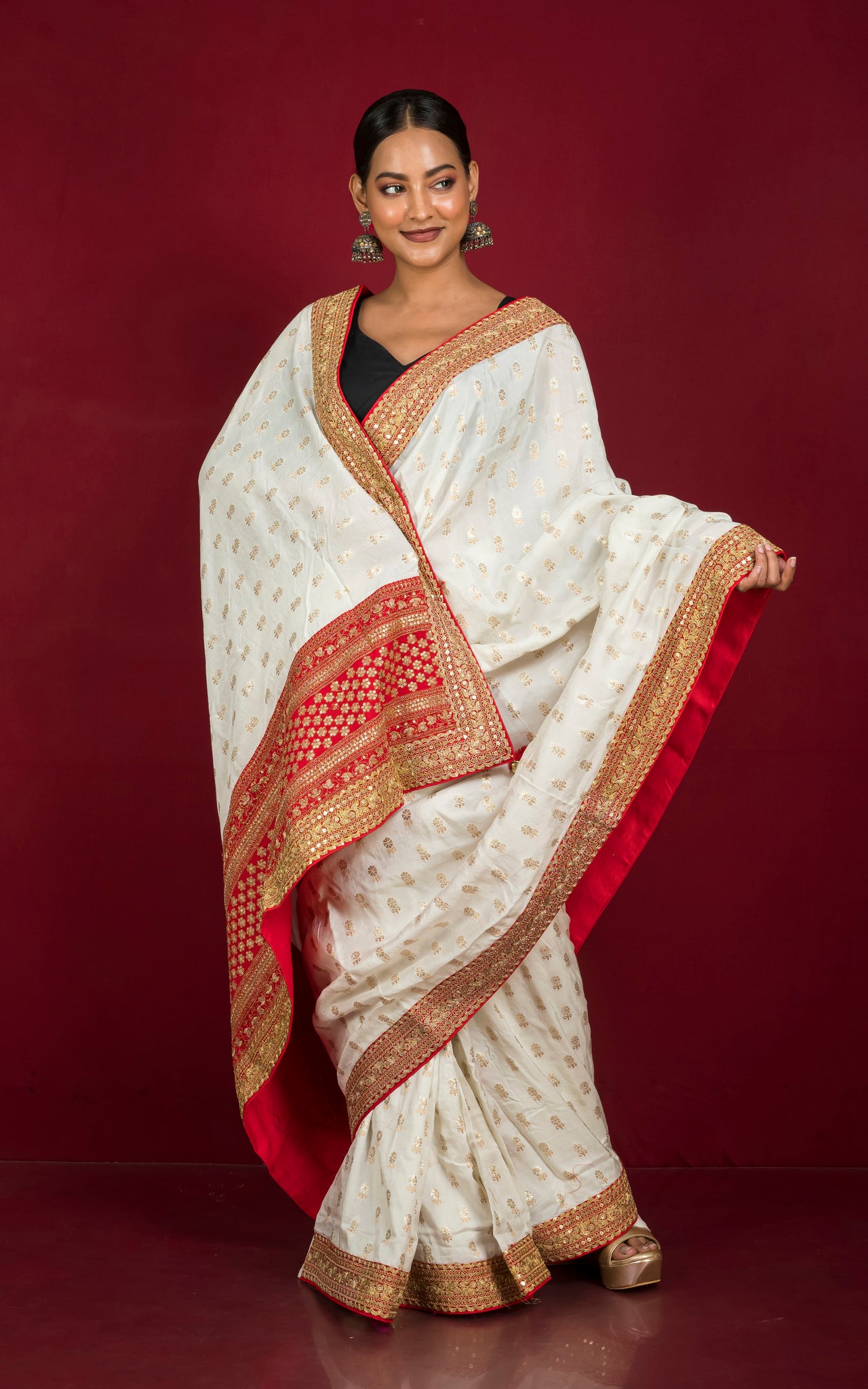 White & Red Digital Printed Cotton Silk Saree